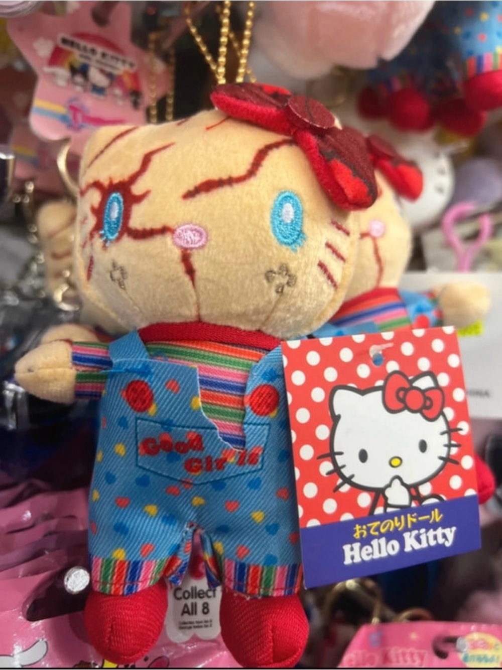 Hello Kitty Plush Keychain - Multicolor Striped Overalls Terror